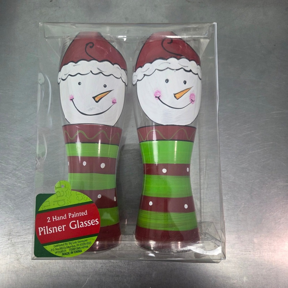 Pilsner Glasses Big Lots Set of 2 Red Green Snowman Hand Painted Christmas 2283